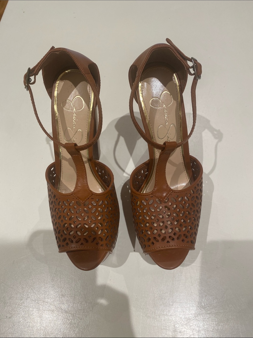 Jessica Simpson Tan Laser-Cut T-Strap Platform Sandals